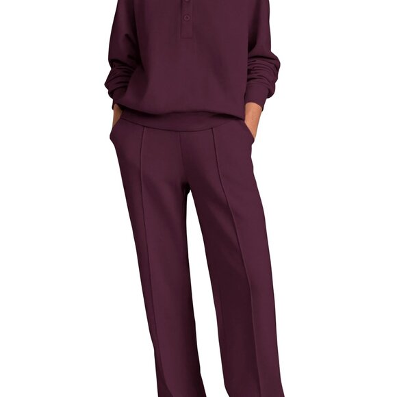 Quarter Button Sweatshirt Wide Leg Pants Lounge Set Chic Minimal Comfort